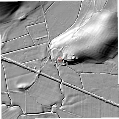 Shaded relief map of the ground around LA117LZ, computed from Environment Agency LiDAR. The ground here sits at about 8 m above sea level and falls 15 m across the surrounding 800 m. Surface water reaching this point runs off ground lying to the north-east, 7.0 m higher.