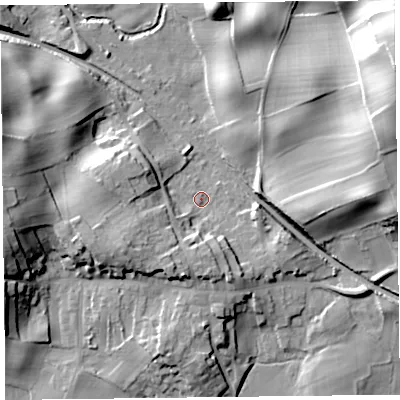 Shaded relief map of the ground around LA117NB, computed from Environment Agency LiDAR. The ground here sits at about 11 m above sea level and falls 33 m across the surrounding 800 m. Surface water reaching this point runs off ground lying to the west-south-west, 10.2 m higher.