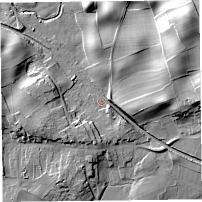 Shaded relief map of the ground around LA117ND, computed from Environment Agency LiDAR. The ground here sits at about 10 m above sea level and falls 38 m across the surrounding 800 m. Surface water reaching this point runs off ground lying to the north-east, 33.6 m higher.