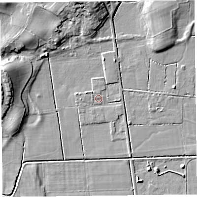 Shaded relief map of the ground around LA117NG, computed from Environment Agency LiDAR. The ground here sits at about 6 m above sea level and falls 12 m across the surrounding 800 m. Surface water reaching this point runs off ground lying to the north-west, 2.0 m higher.