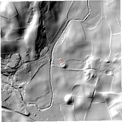 Shaded relief map of the ground around LA117NL, computed from Environment Agency LiDAR. The ground here sits at about 13 m above sea level and falls 46 m across the surrounding 800 m. Surface water reaching this point runs off ground lying to the south-south-east, 5.3 m higher.