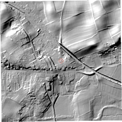 Shaded relief map of the ground around LA117NN, computed from Environment Agency LiDAR. The ground here sits at about 12 m above sea level and falls 35 m across the surrounding 800 m. Surface water reaching this point runs off ground lying to the east-north-east, 4.2 m higher.