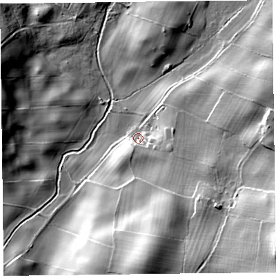 Shaded relief map of the ground around LA117NR, computed from Environment Agency LiDAR. The ground here sits at about 21 m above sea level and falls 37 m across the surrounding 800 m. Surface water reaching this point runs off ground lying to the south-east, 31.0 m higher.