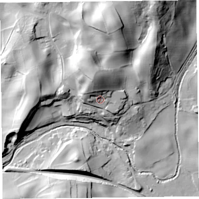 Shaded relief map of the ground around LA117NU, computed from Environment Agency LiDAR. The ground here sits at about 27 m above sea level and falls 49 m across the surrounding 800 m. Surface water reaching this point runs off ground lying to the north, 18.3 m higher.