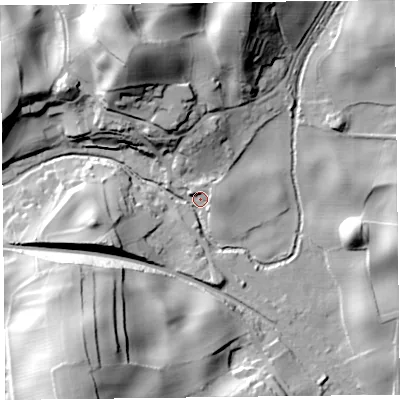 Shaded relief map of the ground around LA117NW, computed from Environment Agency LiDAR. The ground here sits at about 10 m above sea level and falls 41 m across the surrounding 800 m. Surface water reaching this point runs off ground lying to the north-north-west, 37.6 m higher.