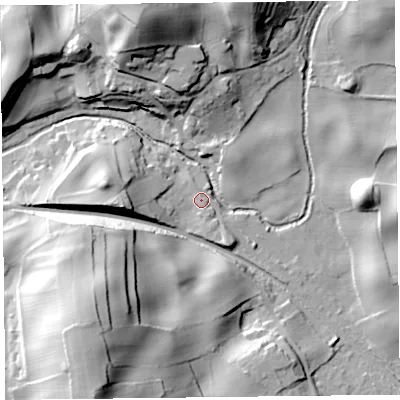 Shaded relief map of the ground around LA117NY, computed from Environment Agency LiDAR. The ground here sits at about 12 m above sea level and falls 41 m across the surrounding 800 m. Surface water reaching this point runs off ground lying to the south-east, 1.4 m higher.