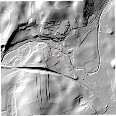 Shaded relief map of the ground around LA117NZ, computed from Environment Agency LiDAR. The ground here sits at about 12 m above sea level and falls 42 m across the surrounding 800 m. Surface water reaching this point runs off ground lying to the west, 13.8 m higher.