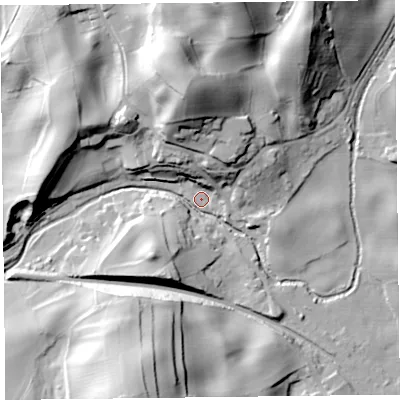 Shaded relief map of the ground around LA117PB, computed from Environment Agency LiDAR. The ground here sits at about 8 m above sea level and falls 45 m across the surrounding 800 m. Surface water reaching this point runs off ground lying to the north, 42.8 m higher.