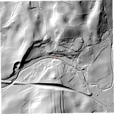 Shaded relief map of the ground around LA117PD, computed from Environment Agency LiDAR. The ground here sits at about 7 m above sea level and falls 49 m across the surrounding 800 m. Surface water reaching this point runs off ground lying to the north-north-east, 39.8 m higher.