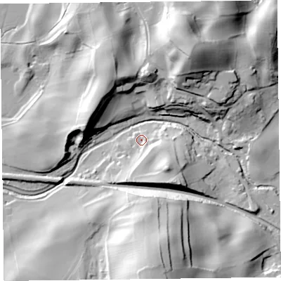 Shaded relief map of the ground around LA117PE, computed from Environment Agency LiDAR. The ground here sits at about 8 m above sea level and falls 42 m across the surrounding 800 m. Surface water reaching this point runs off ground lying to the east-south-east, 9.6 m higher.