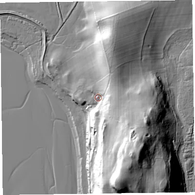 Shaded relief map of the ground around LA117PP, computed from Environment Agency LiDAR. The ground here sits at about 13 m above sea level and falls 48 m across the surrounding 800 m. Surface water reaching this point runs off ground lying to the south-east, 22.9 m higher.