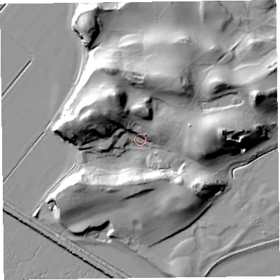 Shaded relief map of the ground around LA117PS, computed from Environment Agency LiDAR. The ground here sits at about 9 m above sea level and falls 28 m across the surrounding 800 m. Surface water reaching this point runs off ground lying to the north-north-west, 24.7 m higher.