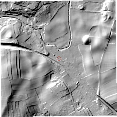 Shaded relief map of the ground around LA117PT, computed from Environment Agency LiDAR. The ground here sits at about 10 m above sea level and falls 35 m across the surrounding 800 m. Surface water reaching this point runs off ground lying to the north-west, 2.0 m higher.