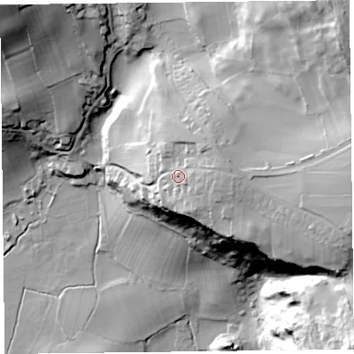 Shaded relief map of the ground around LA117QB, computed from Environment Agency LiDAR. The ground here sits at about 48 m above sea level and falls 68 m across the surrounding 800 m. Surface water reaching this point runs off ground lying to the east, 8.6 m higher.