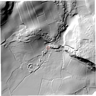 Shaded relief map of the ground around LA117RH, computed from Environment Agency LiDAR. The ground here sits at about 10 m above sea level and falls 59 m across the surrounding 800 m. Surface water reaching this point runs off ground lying to the north-north-west, 54.5 m higher.