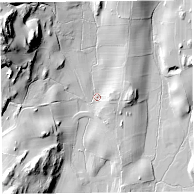 Shaded relief map of the ground around LA117SG, computed from Environment Agency LiDAR. The ground here sits at about 33 m above sea level and falls 54 m across the surrounding 800 m. Surface water reaching this point runs off ground lying to the north-west, 50.0 m higher.