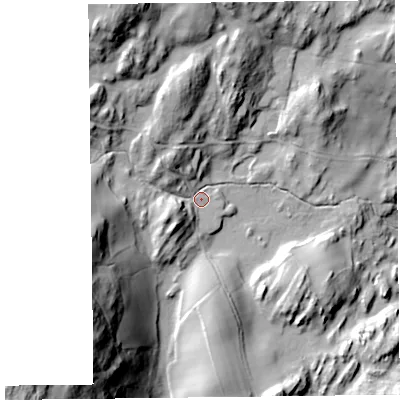 Shaded relief map of the ground around LA117SN, computed from Environment Agency LiDAR. The ground here sits at about 94 m above sea level and falls 73 m across the surrounding 800 m. Surface water reaching this point runs off ground lying to the north-north-west, 33.7 m higher.