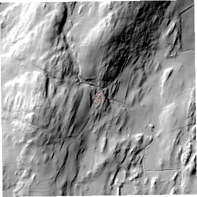 Shaded relief map of the ground around LA117SP, computed from Environment Agency LiDAR. The ground here sits at about 116 m above sea level and falls 68 m across the surrounding 800 m. Surface water reaching this point runs off ground lying to the west, 16.4 m higher.