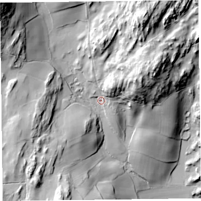Shaded relief map of the ground around LA117SW, computed from Environment Agency LiDAR. The ground here sits at about 73 m above sea level and falls 84 m across the surrounding 800 m. Surface water reaching this point runs off ground lying to the north-east, 21.0 m higher.