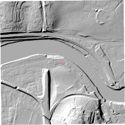 Shaded relief map of the ground around LA11AD, computed from Environment Agency LiDAR. The ground here sits at about 7 m above sea level and falls 38 m across the surrounding 800 m. Surface water reaching this point runs off ground lying to the south, 3.6 m higher.