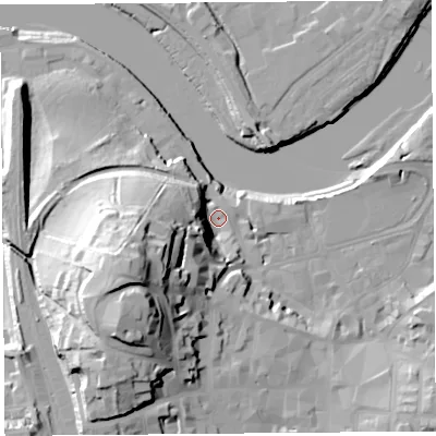 Shaded relief map of the ground around LA11AH, computed from Environment Agency LiDAR. The ground here sits at about 6 m above sea level and falls 38 m across the surrounding 800 m. Surface water reaching this point runs off ground lying to the west-south-west, 34.6 m higher.