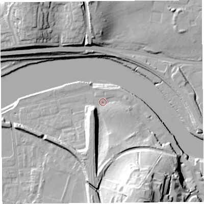 Shaded relief map of the ground around LA11AP, computed from Environment Agency LiDAR. The ground here sits at about 7 m above sea level and falls 38 m across the surrounding 800 m. Surface water reaching this point runs off ground lying to the south-west, 10.8 m higher.