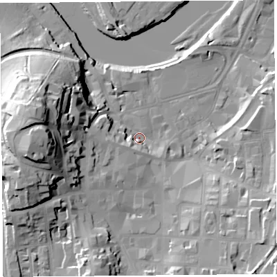 Shaded relief map of the ground around LA11AW, computed from Environment Agency LiDAR. The ground here sits at about 7 m above sea level and falls 38 m across the surrounding 800 m. Surface water reaching this point runs off ground lying to the west, 32.4 m higher.