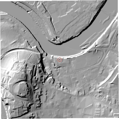 Shaded relief map of the ground around LA11AY, computed from Environment Agency LiDAR. The ground here sits at about 8 m above sea level and falls 38 m across the surrounding 800 m. Surface water reaching this point runs off ground lying to the south-east, 6.1 m higher.
