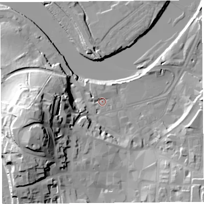 Shaded relief map of the ground around LA11BG, computed from Environment Agency LiDAR. The ground here sits at about 7 m above sea level and falls 38 m across the surrounding 800 m. Surface water reaching this point runs off ground lying to the west-south-west, 34.1 m higher.