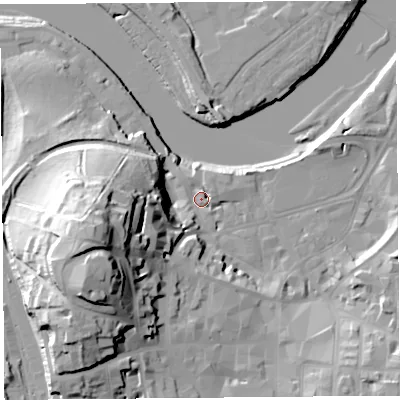 Shaded relief map of the ground around LA11BL, computed from Environment Agency LiDAR. The ground here sits at about 7 m above sea level and falls 38 m across the surrounding 800 m. Surface water reaching this point runs off ground lying to the west-south-west, 34.6 m higher.
