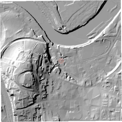 Shaded relief map of the ground around LA11BN, computed from Environment Agency LiDAR. The ground here sits at about 7 m above sea level and falls 38 m across the surrounding 800 m. Surface water reaching this point runs off ground lying to the west-south-west, 34.1 m higher.