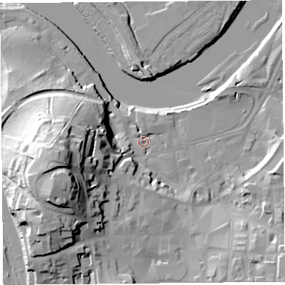 Shaded relief map of the ground around LA11BP, computed from Environment Agency LiDAR. The ground here sits at about 7 m above sea level and falls 38 m across the surrounding 800 m. Surface water reaching this point runs off ground lying to the west-south-west, 34.1 m higher.