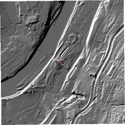 Shaded relief map of the ground around LA11BS, computed from Environment Agency LiDAR. The ground here sits at about 8 m above sea level and falls 40 m across the surrounding 800 m. Surface water reaching this point runs off ground lying to the west, 3.1 m higher.