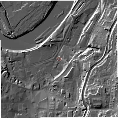 Shaded relief map of the ground around LA11DD, computed from Environment Agency LiDAR. The ground here sits at about 8 m above sea level and falls 34 m across the surrounding 800 m. Surface water reaching this point runs off ground lying to the south-south-east, 16.5 m higher.