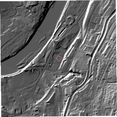 Shaded relief map of the ground around LA11DG, computed from Environment Agency LiDAR. The ground here sits at about 7 m above sea level and falls 39 m across the surrounding 800 m. Surface water reaching this point runs off ground lying to the south-east, 34.9 m higher.
