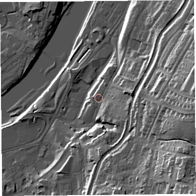 Shaded relief map of the ground around LA11DN, computed from Environment Agency LiDAR. The ground here sits at about 14 m above sea level and falls 46 m across the surrounding 800 m. Surface water reaching this point runs off ground lying to the south-east, 34.3 m higher.