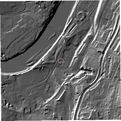 Shaded relief map of the ground around LA11DQ, computed from Environment Agency LiDAR. The ground here sits at about 7 m above sea level and falls 33 m across the surrounding 800 m. Surface water reaching this point runs off ground lying to the south-east, 29.2 m higher.