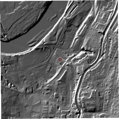 Shaded relief map of the ground around LA11DT, computed from Environment Agency LiDAR. The ground here sits at about 9 m above sea level and falls 37 m across the surrounding 800 m. Surface water reaching this point runs off ground lying to the south-east, 4.4 m higher.