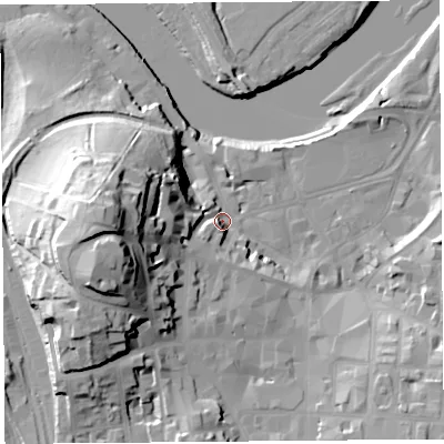 Shaded relief map of the ground around LA11EE, computed from Environment Agency LiDAR. The ground here sits at about 8 m above sea level and falls 38 m across the surrounding 800 m. Surface water reaching this point runs off ground lying to the west, 34.1 m higher.