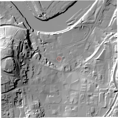 Shaded relief map of the ground around LA11EL, computed from Environment Agency LiDAR. The ground here sits at about 6 m above sea level and falls 38 m across the surrounding 800 m. Surface water reaching this point runs off ground lying to the west, 32.4 m higher.