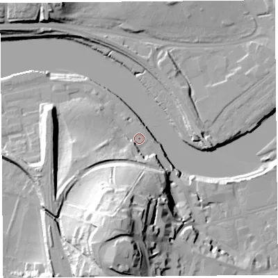 Shaded relief map of the ground around LA11GA, computed from Environment Agency LiDAR. The ground here sits at about 7 m above sea level and falls 38 m across the surrounding 800 m. Surface water reaching this point runs off ground lying to the south-south-west, 6.7 m higher.