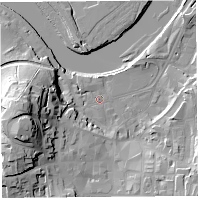 Shaded relief map of the ground around LA11HD, computed from Environment Agency LiDAR. The ground here sits at about 7 m above sea level and falls 38 m across the surrounding 800 m. Surface water reaching this point runs off ground lying to the west, 34.1 m higher.