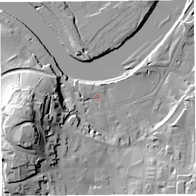 Shaded relief map of the ground around LA11HJ, computed from Environment Agency LiDAR. The ground here sits at about 7 m above sea level and falls 38 m across the surrounding 800 m. Surface water reaching this point runs off ground lying to the west-south-west, 34.1 m higher.