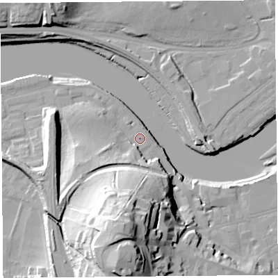 Shaded relief map of the ground around LA11HW, computed from Environment Agency LiDAR. The ground here sits at about 7 m above sea level and falls 38 m across the surrounding 800 m. Surface water reaching this point runs off ground lying to the south-south-west, 3.8 m higher.