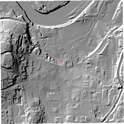 Shaded relief map of the ground around LA11LR, computed from Environment Agency LiDAR. The ground here sits at about 7 m above sea level and falls 38 m across the surrounding 800 m. Surface water reaching this point runs off ground lying to the west, 32.4 m higher.