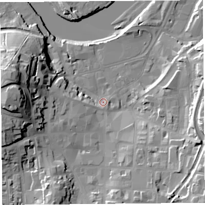Shaded relief map of the ground around LA11LT, computed from Environment Agency LiDAR. The ground here sits at about 8 m above sea level and falls 38 m across the surrounding 800 m. Surface water reaching this point runs off ground lying to the west, 32.4 m higher.
