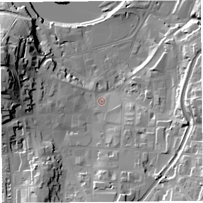 Shaded relief map of the ground around LA11ND, computed from Environment Agency LiDAR. The ground here sits at about 11 m above sea level and falls 38 m across the surrounding 800 m. Surface water reaching this point runs off ground lying to the south-south-west, 4.7 m higher.