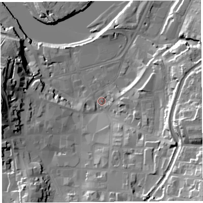Shaded relief map of the ground around LA11NH, computed from Environment Agency LiDAR. The ground here sits at about 7 m above sea level and falls 36 m across the surrounding 800 m. Surface water reaching this point runs off ground lying to the south-east, 31.3 m higher.