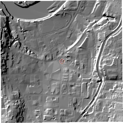 Shaded relief map of the ground around LA11NJ, computed from Environment Agency LiDAR. The ground here sits at about 8 m above sea level and falls 41 m across the surrounding 800 m. Surface water reaching this point runs off ground lying to the south-east, 35.7 m higher.