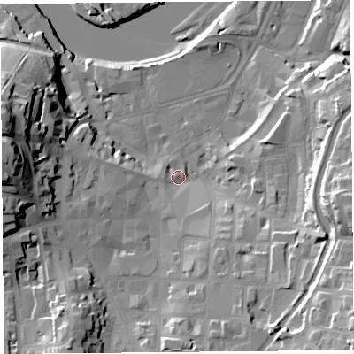 Shaded relief map of the ground around LA11NP, computed from Environment Agency LiDAR. The ground here sits at about 8 m above sea level and falls 37 m across the surrounding 800 m. Surface water reaching this point runs off ground lying to the west, 30.9 m higher.
